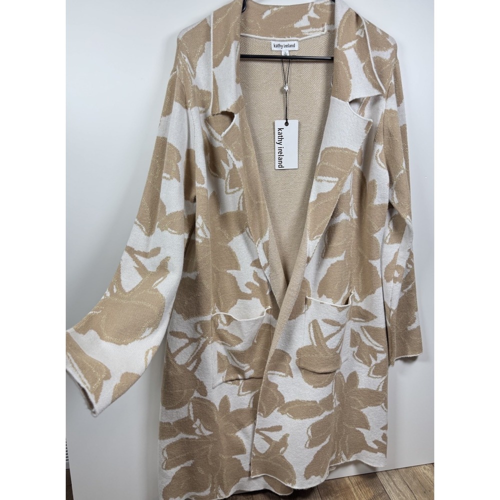 Kathy Ireland‎ Women's Long Open Front Cardigan Jacket Beige Floral Knit Sz NWT